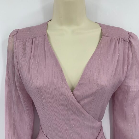 WAYF Meryl wrap dress maxi pink chiffon silver metallic ruffle long X-small XS - Picture 4 of 6